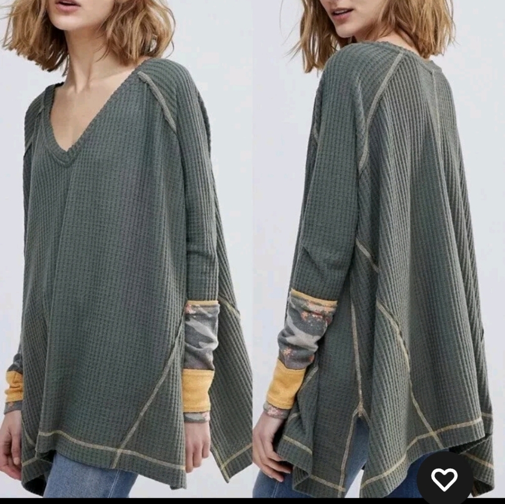 Free People Green V-Neck Long Sleeve Top with Floral Cuffs